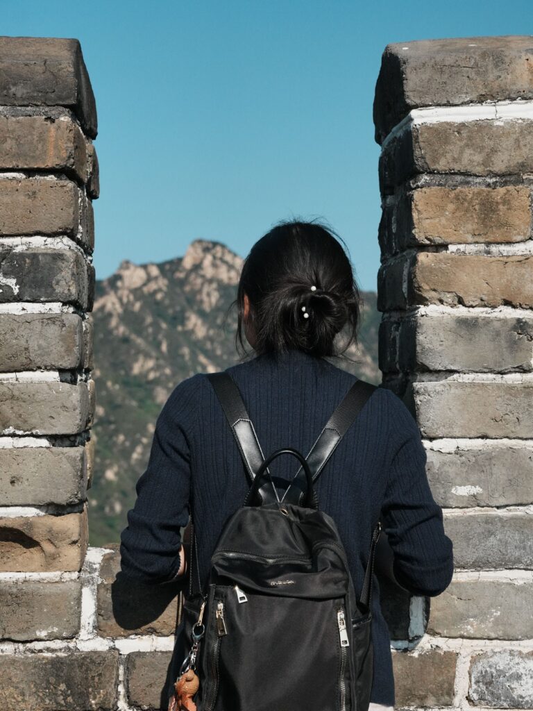 persona con pelo recogido observando el paisaje entre 2 torres de ladrillos